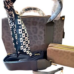 VB Vegan Leopard Print Tote Handbag With Bear Charm And Scarf